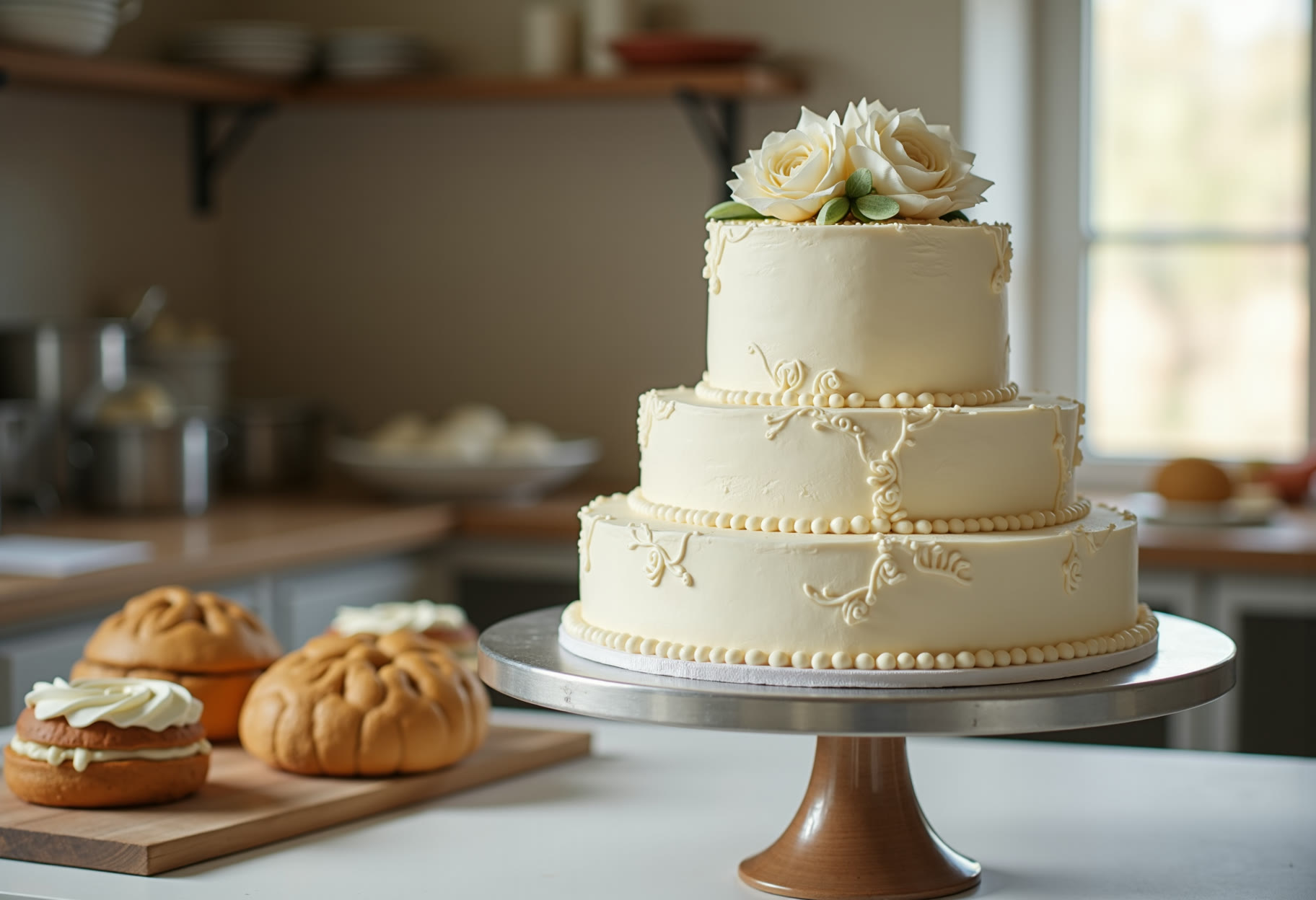 Three-tier wedding cake boxed for an Edmond pickup